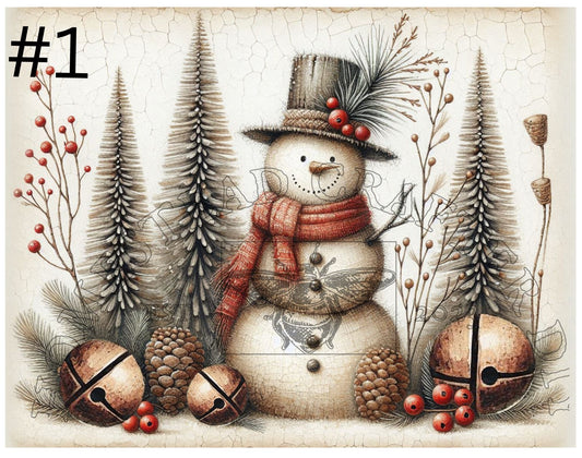 Primitive Snowman with Bells - Printed on Rice paper