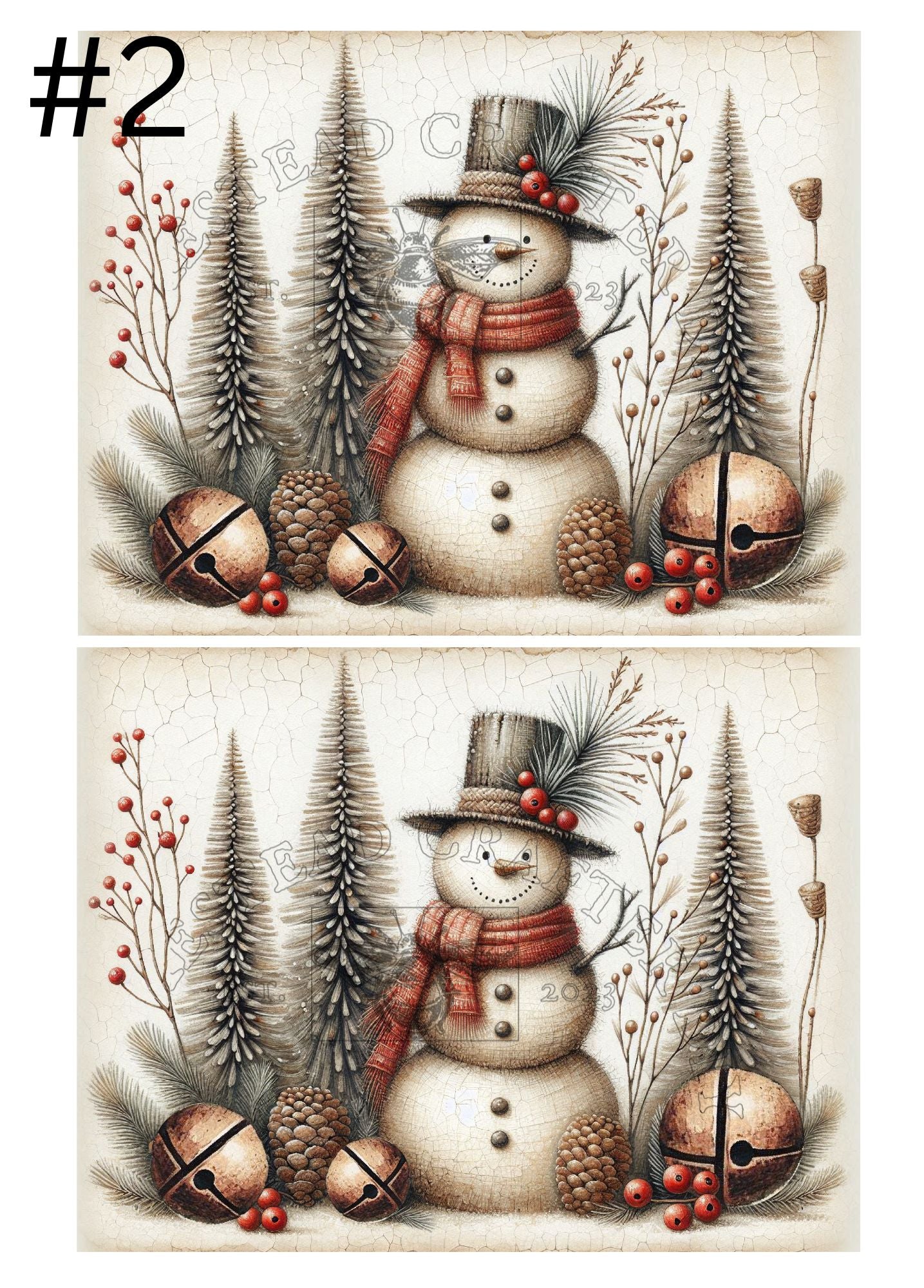 Primitive Snowman with Bells - Printed on Rice paper