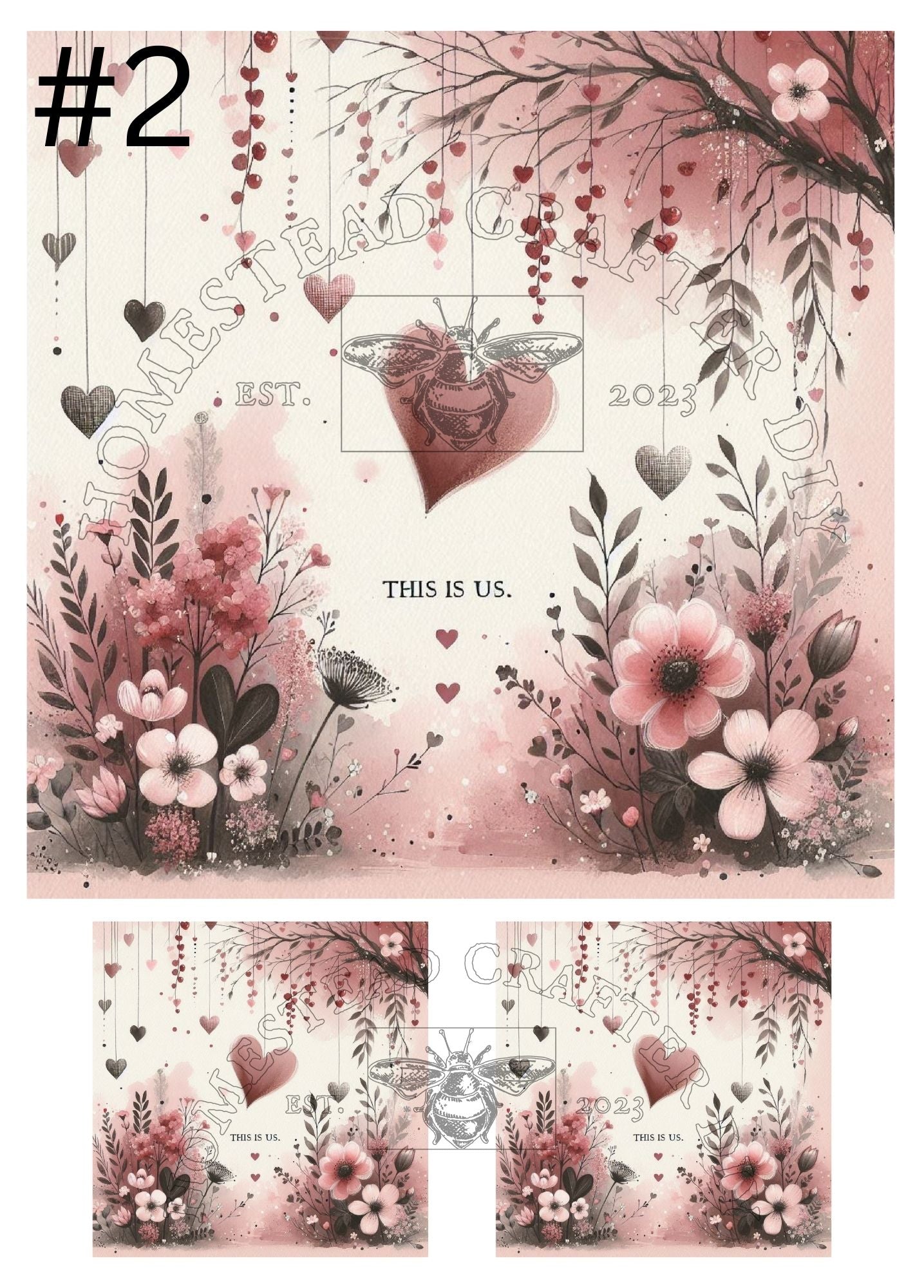 Hearts Flowers Pink - Valentines - Printed on rice paper