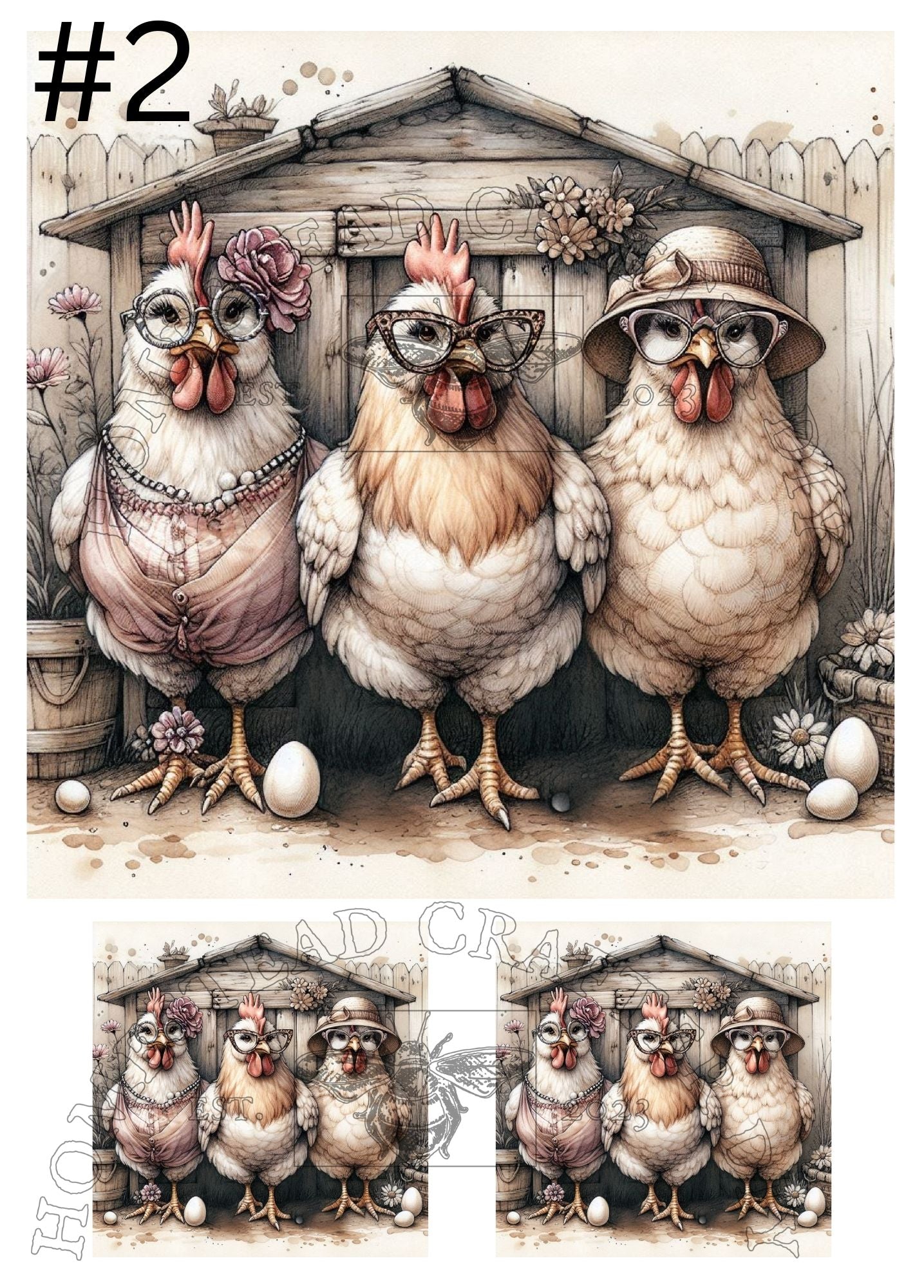 Fancy Rustic Hens - Printed on rice paper