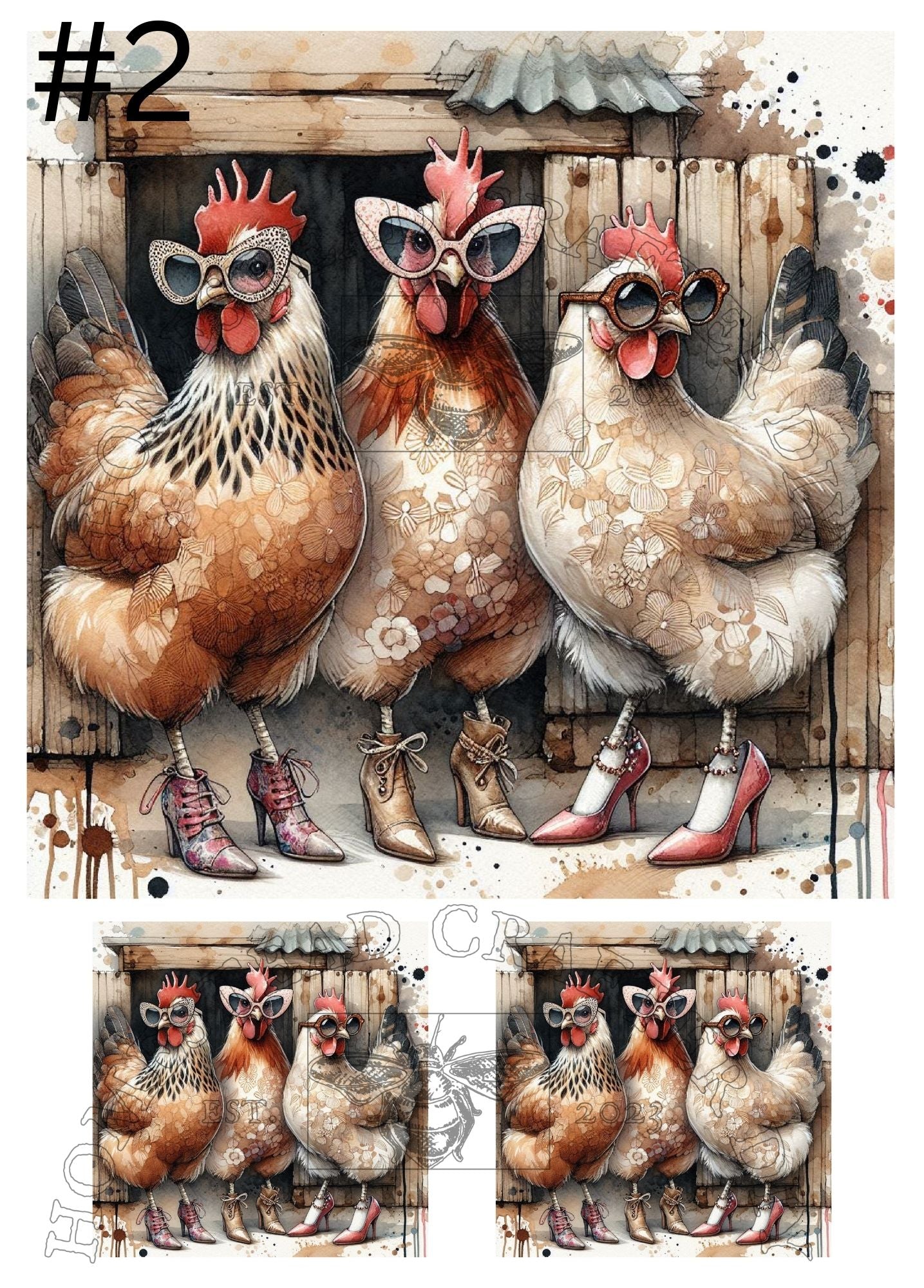 Lacy Hens with Heals - Printed on rice paper