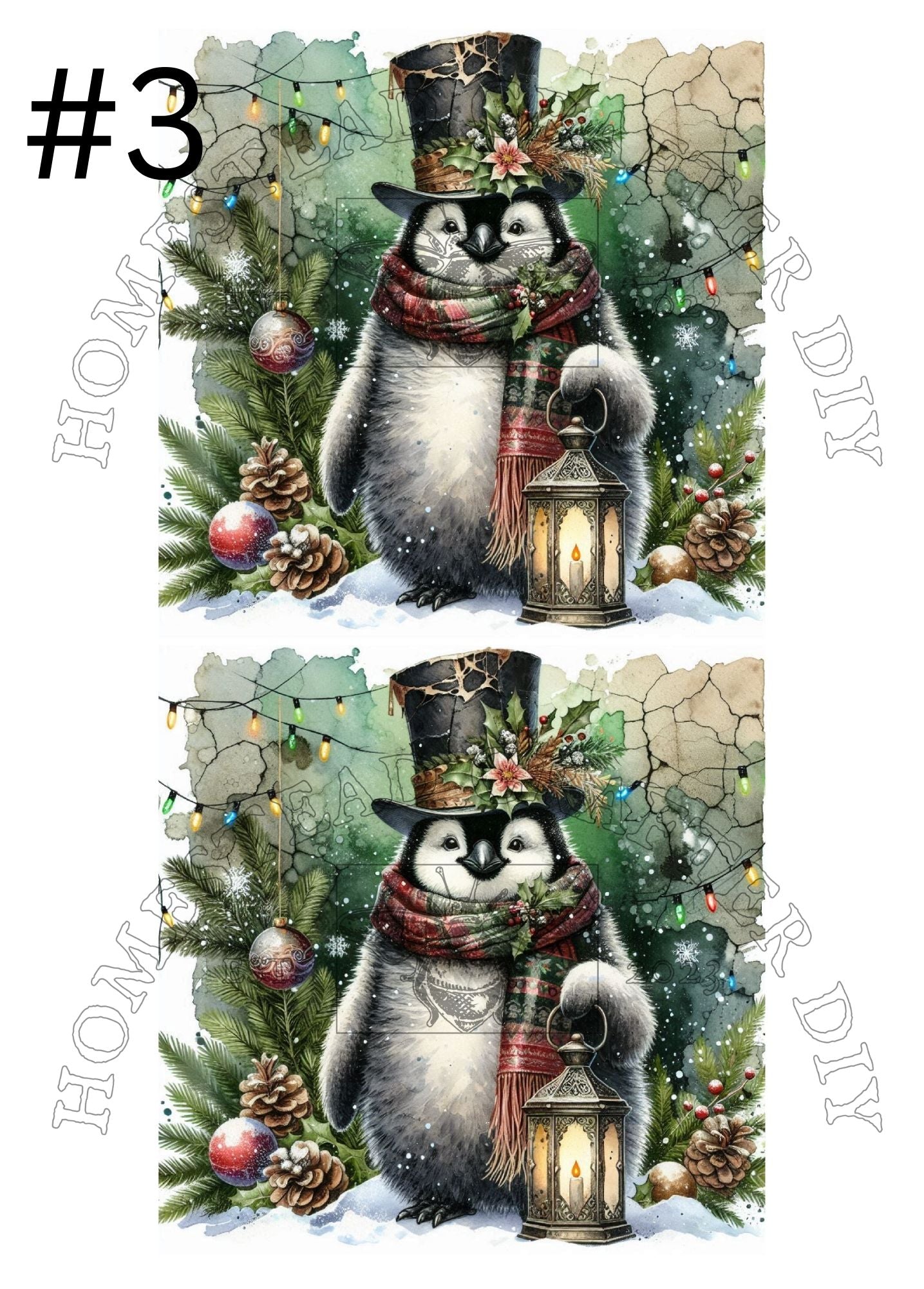 Old World Penguin Holding Lamp - Printed On Rice Paper