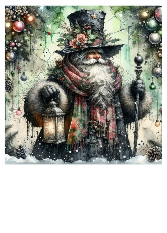 Old World Santa with Lamp - Printed on rice paper