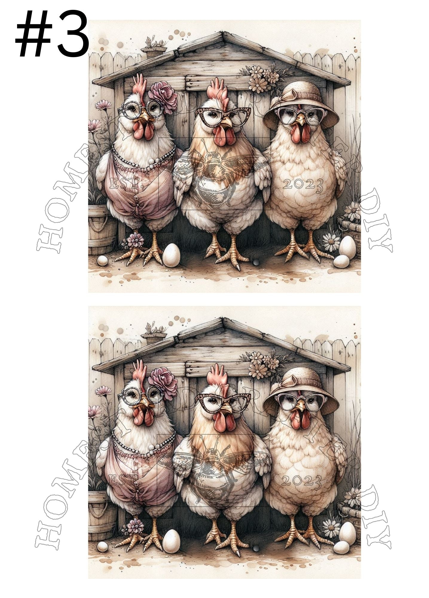 Fancy Rustic Hens - Printed on rice paper