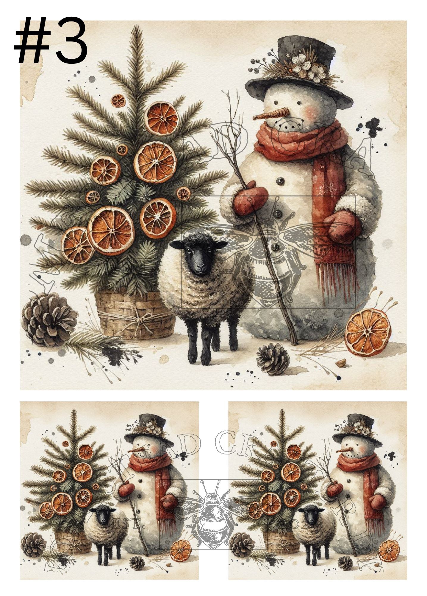 Primitive Snowman with Oranges - Printed on Rice paper