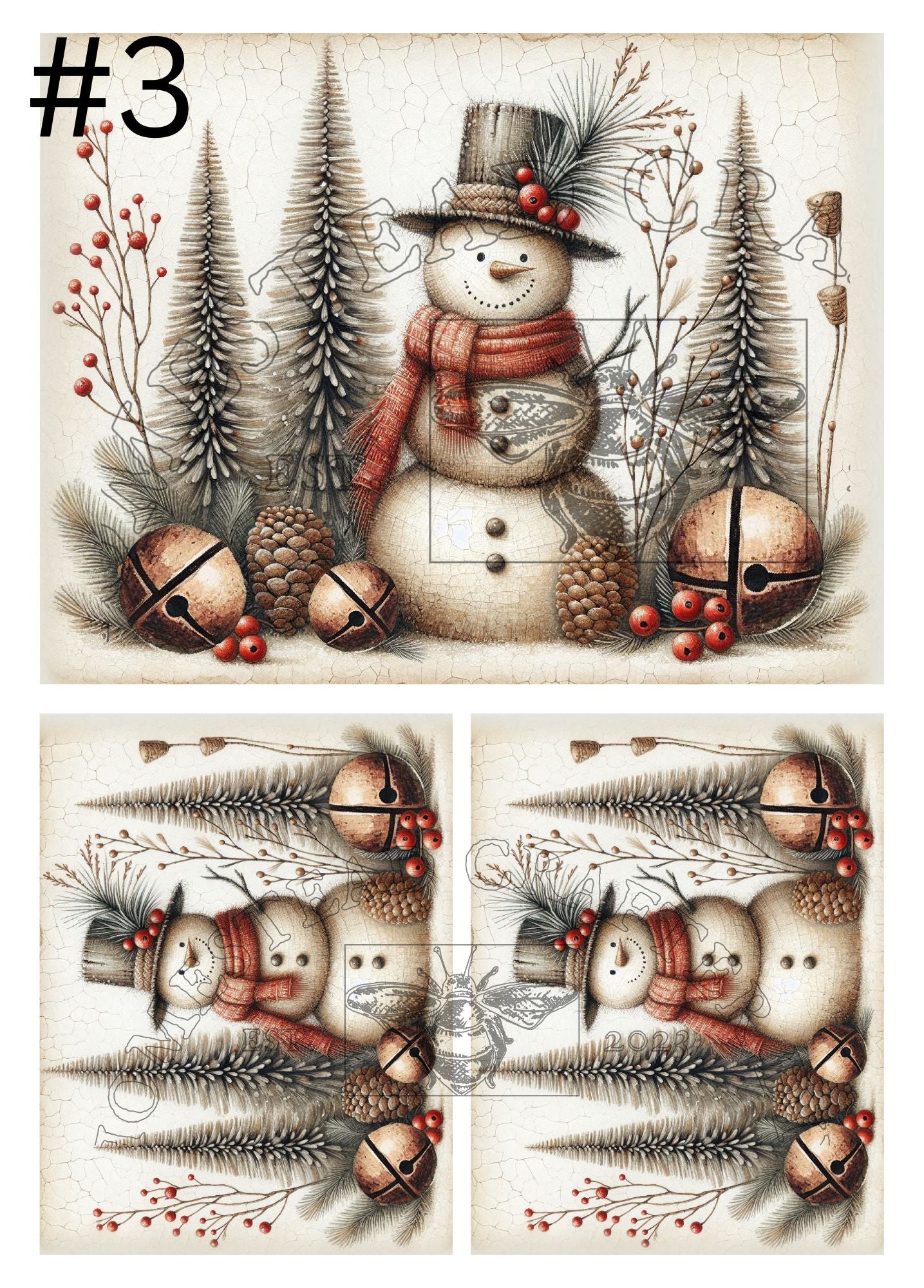 Primitive Snowman with Bells - Printed on Rice paper